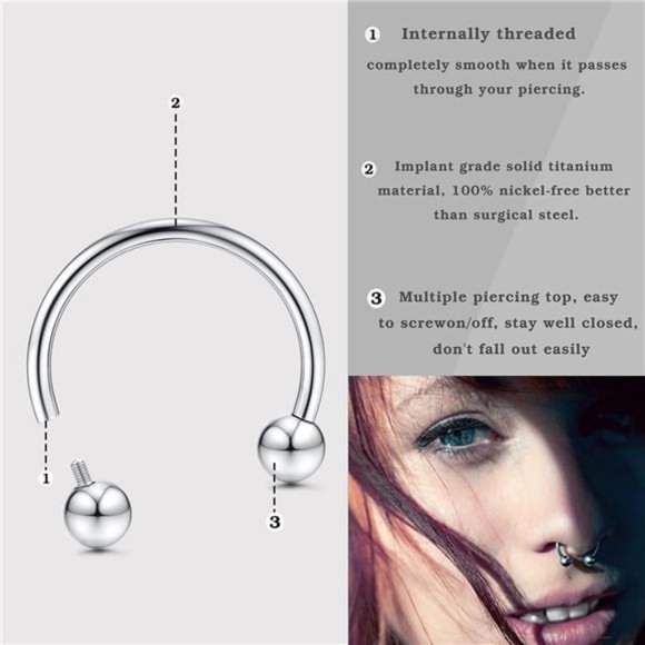 Jstyle 16g Septum Rings for Women Men, Implant Grade G23 Titanium Septum Ring - Picture 3 of 7